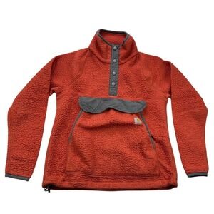 Carhartt Sherpa Fleece Snap Neck Pullover Jacket Orange Gray Pockets